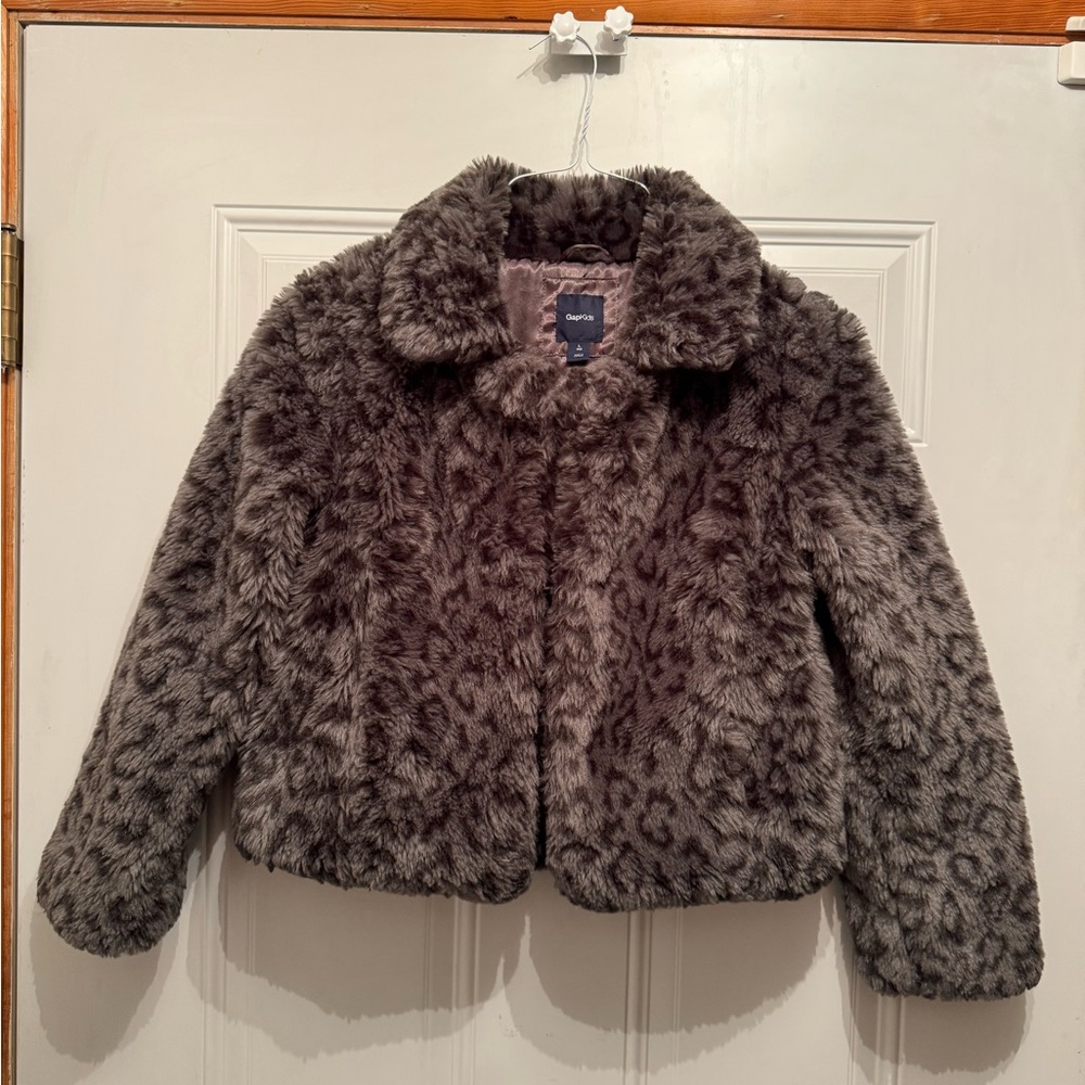 GAP KIDS FAUX FUR GREY ANIMAL PRINTED COAT SIZE large AGE 10